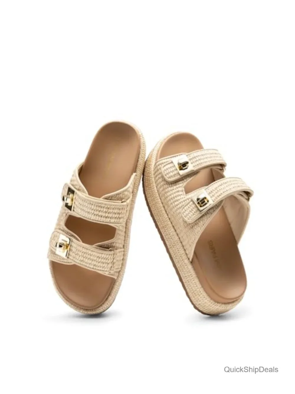 Raffia & Faux Leather Platform Wedge Sandals Wedge Sandal Slide Buckle